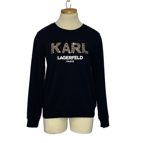 NEW KARL LAGERFELD Paris Sequin Logo Sweatshirt Black Moden Glam Streetwear XS - Picture 1 of 12